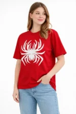 Örümcek Baskılı Tişört Kısa Kollu Bisiklet Yaka T-Shirt - Kırmızı - Görsel 3