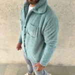 Erkek Pelüş Polar Hırka Gömlek Yakalı İlik Düğmeli Göğüs Cepli Yumuşak - Bebe Mavisi - Görsel 2