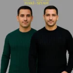 Erkek Fitilli Triko Kazak 2’li Set Siyah Haki Kalın Dokuma Pamuklu Regular Fit Bisiklet