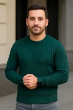 Erkek Fitilli Triko Kazak 2’li Set Siyah Haki Kalın Dokuma Pamuklu Regular Fit Bisiklet - Görsel 2