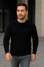 Erkek Fitilli Triko Kazak 2’li Set Siyah Haki Kalın Dokuma Pamuklu Regular Fit Bisiklet - Görsel 3