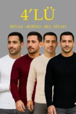 Erkek Fitilli Triko Bisiklet Yaka Kalın Kazak 4lü Set Beyaz-Bebek Mavisi-Gri-Siyah