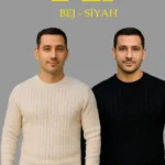 Erkek Fitilli Triko Kazak 2’li Set Bej Beyaz Kalın Dokuma Pamuklu Regular Fit Bisiklet