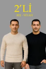 Erkek Fitilli Triko Kazak 2’li Set Bej Beyaz Kalın Dokuma Pamuklu Regular Fit Bisiklet