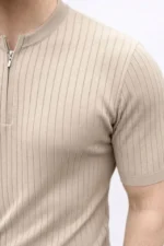 Erkek Kısa Kol Fitilli Triko T-Shirt Yazlık Hakim Yaka Tişört - Bej - Görsel 4