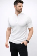 Erkek Kısa Kol Fitilli Triko T-Shirt Yazlık Hakim Yaka Tişört - Beyaz - Görsel 3
