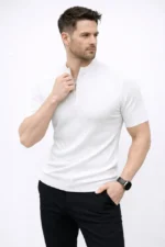 Erkek Kısa Kol Fitilli Triko T-Shirt Yazlık Hakim Yaka Tişört - Beyaz - Görsel 4