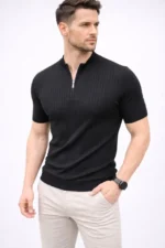 Erkek Kısa Kol Fitilli Triko T-Shirt Yazlık Hakim Yaka Tişört - Siyah - Görsel 2