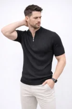 Erkek Kısa Kol Fitilli Triko T-Shirt Yazlık Hakim Yaka Tişört - Siyah - Görsel 3