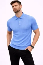 Erkek Yazlık Triko Tişört Kısa Kol Polo Yaka Düğmeli T-Shirt - Bebek Mavisi - Görsel 2