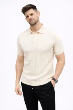 Erkek Yazlık Triko Tişört Kısa Kol Polo Yaka Düğmeli T-Shirt - Krem - Görsel 3