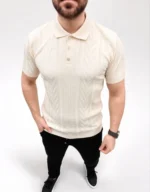 Erkek Yazlık Triko Tişört Kısa Kol Polo Yaka Düğmeli T-Shirt - Krem - Görsel 4