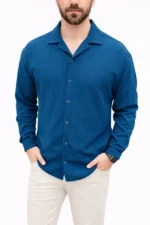 Erkek Aerobin Kumaş Oversize 4 Mevsim Uzun Kollu Rahat Kalıp Gömlek - İndigo - Görsel 2