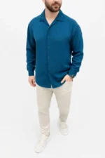 Erkek Aerobin Kumaş Oversize 4 Mevsim Uzun Kollu Rahat Kalıp Gömlek - İndigo - Görsel 3