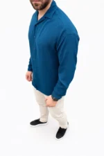 Erkek Aerobin Kumaş Oversize 4 Mevsim Uzun Kollu Rahat Kalıp Gömlek - İndigo - Görsel 4