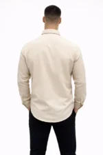 Erkek KETEN Kumaş Oversize Uzun Kollu Rahat Kalıp Gömlek - Bej - Görsel 4