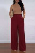 Kadın Yüksek Bel Geniş Paça Detaylı Cepli Ithal Krep Pantolon - Görsel 4