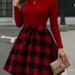 Kadın Uzun Kollu Bisiklet Yaka üst Viskon Alt Ekose Kısa Elbise