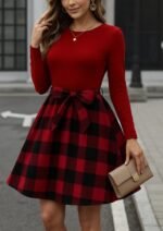 Kadın Uzun Kollu Bisiklet Yaka üst Viskon Alt Ekose Kısa Elbise