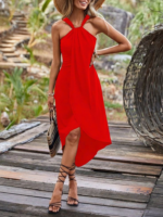 Boyun Askılı Eteği Kruvaze Kesim Viskon Kumaş Elbise - Görsel 5