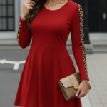 Kadın Uzun Kollu Bisiklet Yaka Kollar Leopar Detay Iki Iplik Mini Boy Elbise