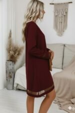 Kadın Uzun Kollu V Yakalı Tül şerit Detaylı Mini Krep Elbise - Görsel 2