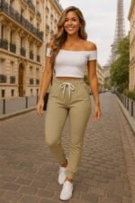 Kadın Kısa Kollu Madonna Yaka Viskon Crop Bluz Cepli Iki Iplik Eşofman Takım - Görsel 2