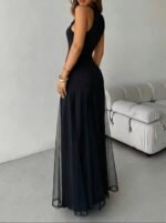 Kadın Askılı Bisiklet Yaka Etek Ucu Tül Detaylı Asimetrik Kiloş Uzun Ithal Krep Elbise - Görsel 5