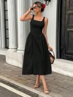 Kadın Askılı Kare Yakalı Uzun Ithal Krep Elbise - Görsel 6