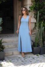 Kadın Askılı V Yakalı Yırtmaçlı Uzun Viskon Elbise - Görsel 4