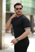 Erkek Bisiklet Yaka çizgi Desenli Ribanalı Kısa Kollu Tshirt - Görsel 2