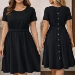 Kadın Kısa Kollu Yuvarlak Yaka Arkadan Düğmeli Viskon Midi Elbise - Görsel 2