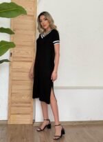 Kadın Kısa Kollu V Yaka Kol Ve Yaka Ribana Detay Midi Boy Viskon Elbise - Görsel 2