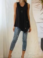 Kadın Askılı Yuvarlak Yakalı Asimetrik Kesim Detaylı Viskon Bluz - Görsel 5