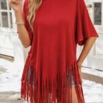 Kadın Kısa Kollu Bisiklet Yaka Püsküllü Viskon Bluz