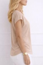 Kadın V Yaka Kısa Kol Dokuma Viskon Kumaş Bluz - Görsel 3