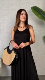 Kadın çan Dokuma Kumaş V Yaka Asimetrik Kesim Elbise - Görsel 4