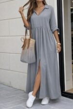 Kadın Truvakar Kollu V Yakalı Yırtmaçlı Uzun Aerobin Elbise