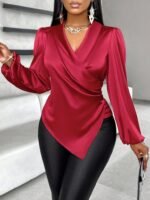 Kadın Uzun Kollu Kruvaze Yakalı Asimetrik Saten Bluz - Görsel 4