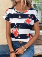 Kadın Gül Desenli çizgili Süprem Tshirt - Görsel 4