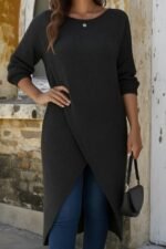 Kadın Uzun Kollu Bisiklet Yakalı önden çapraz Kesim Detaylı Midi Triko Elbise - Görsel 2