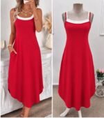 Kadın Ip Askılı Yuvarlak Yakalı Cepli Uzun Viskon Elbise - Görsel 4