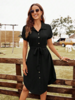 Kadın Kısa Kollu Yakalı önden Düğmeli Beli Kuşaklı Bürümcük Elbise - Görsel 2