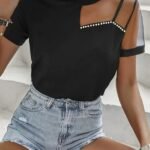 Kadın Kısa Kollu Tül Detaylı Taşlı Janjan Krep Bluz