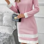 Kadın Uzun Kollu Yuvarlak Yaka Etek Ucu şerit Detaylı Mini Dalgıç Elbise