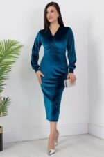 Kadın Kadife Kumaş Manşetli V Yaka Şık Kalem Elbise - Görsel 5