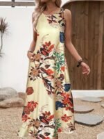 Kadın Askılı Yuvarlak Yaka Cepli Desenli Süprem Elbise