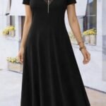 Kadın Kısa Kollu Dantel V Fermuar Yakalıuzun Viskon Elbise