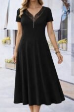 Kadın Kısa Kollu Dantel V Fermuar Yakalıuzun Viskon Elbise