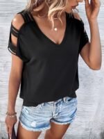 Kadın Kısa Kollu V Yakalı şerit Detaylı Viskon Bluz - Görsel 3